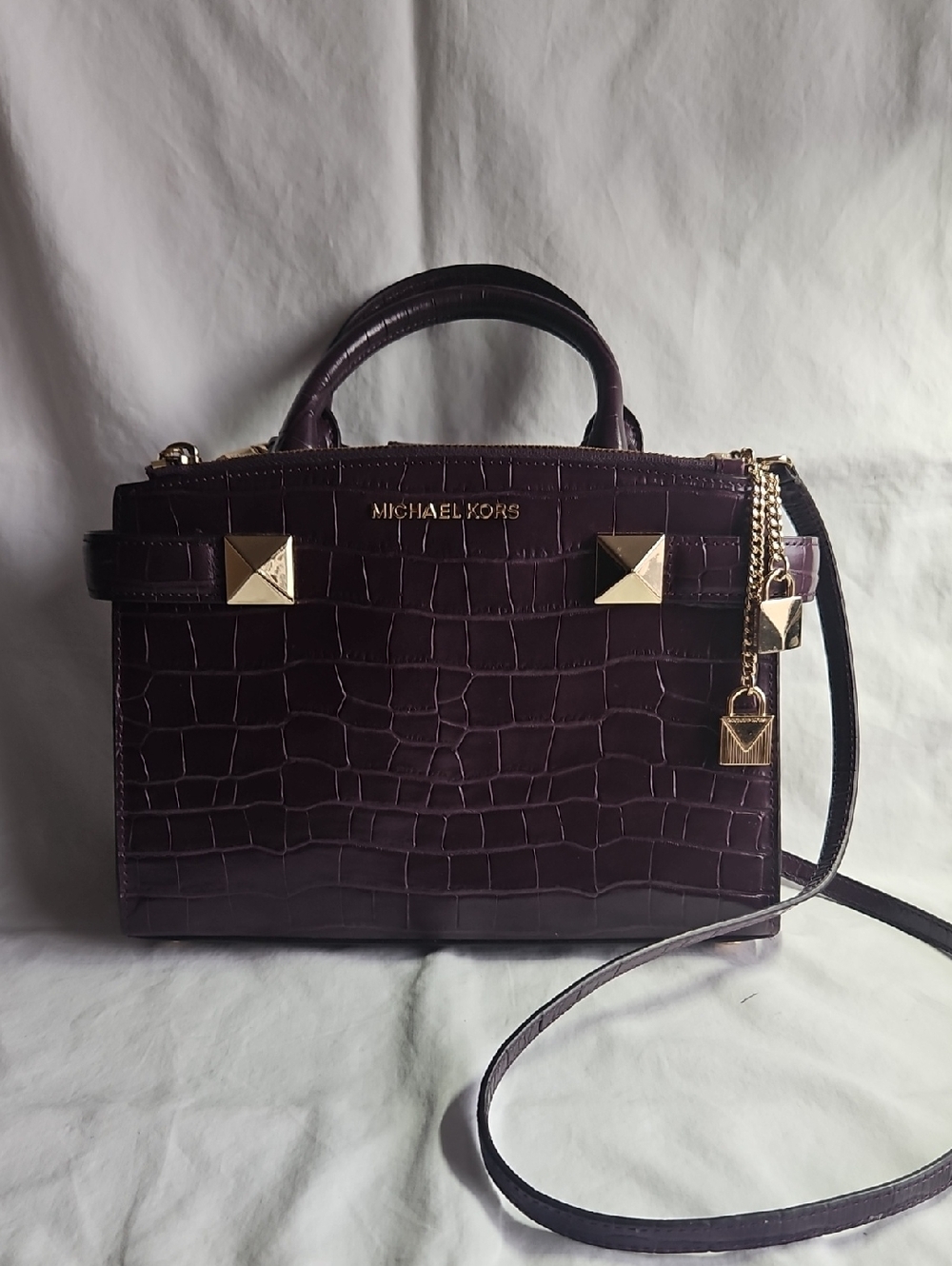 NWOT Michael Kors Plum Croc-Embossed Leather Satchel with Gold Hardware